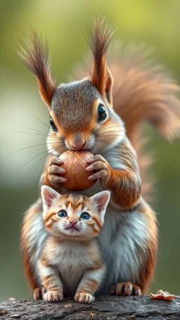 Beautiful squirrel holding a walnut . A small cat is smiling