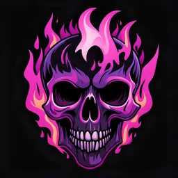 A cartoon-style Skull, pink and purple flames on the side, black background