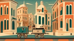 Train track with buildings and a carriage, Italian futurism style, in a cityscape.