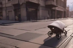 Looking downward at a baby carriage on a sidewalk. TheRe is a baby that looks like A young Donald Trump