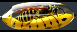 beholderkin wasp, inside full speed aqua hornet patterned double banana transparent space vessel with black and yellow wasp stripes