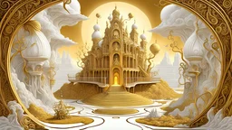 Paradise Court Scene, Fantasy Surrealism Otherworldly, Gold / All White, Artist Jacek Jelka, Richard Dennis, "Beautiful view of paradise!!" Dali Modifier: High definition, surrealism, children's drawing, very attractive, fantastical, highly detailed, beautiful, elegant, complex