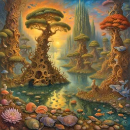 Imaginary landscape trees. . And he sells. Meh. lake.Underwater ornamental fish perfect anatomy, fantasy, vibrant digital art professional award winning masterpiece, oil on canvas Atmospheric extremely detailed Josephine Wall