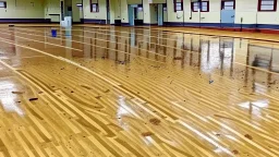 lady dirties wood floor in public fitness center