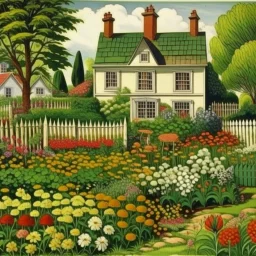 A green garden filled with flowers near a house painted by Edward Hicks