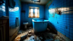 An old, dilapidated bathroom with crumbling walls, tiled floor and walls and a bathtub. The room has a feeling of abandonment and decay, with a gloomy and disturbing atmosphere. A misplaced element is on the floor, a blue neon cube that radiates light over its surroundings.