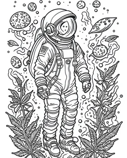 outline art for stoners coloring pages with A very simple and super minimal design featuring A cosmic coloring page featuring an astronaut floating in space surrounded by cannabis constellations., white background, sketch style, fully body, only use outline, cartoon style, clean line art, white background, no shadows and clear and well outlined