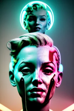 Ultra Realistic image, portrait, blonde woman, Marylin Monroe face, perfect iris, glow eyes, glow makeup. Cyborg, Cyberpunk, ex machina style, wires, oversized tight latex dress. fog, rain, soft color, highly detailed, unreal engine 5, ray tracing, RTX, lumen lighting, ultra detail, volumetric lighting, 3d, finely drawn, high definition, high resolution.