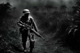 Spectral ghost of a headless soldier carrying a Thompson machine gun through the Congo at night