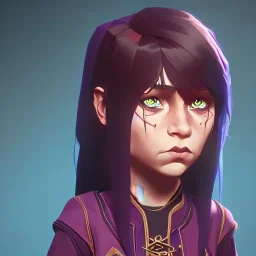 Portrait of a sweet 9 year old warlock toddler girl with brown hair with bangs and blue eyes