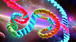 DNA double helix floating in space with the stars and planets