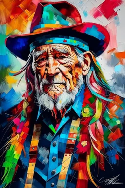 captivating conceptual painting of the iconic rock star, Willie Nelson, rendered in a vibrant and abstract art style. The background is a swirling, chaotic mix of artistic strokes that evoke a sense of rebellion and energy. The overall composition is a celebration of creativity, movement, and the essence of rock 'n' roll., vibrant, painting, conceptual art