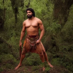 handsome powerful-looking Brazilian spirit warrior that protects the vast, exuberant and eerie forest