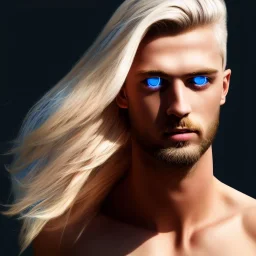 masterpiece, best quality, man, blue eyes, fluorescent, blond flutter hair, highly detailed body, sun light, 4K, RAW, depth of field, high contrast, realistic details, 150mm