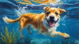 acrylic illustration, acrylic paint, oily sketch, Happy dog swimming underwater and having fun. Happy childhood and summer vacation. High quality photo realistic .8k,, detailed, realistic, 8k uhd, high quality