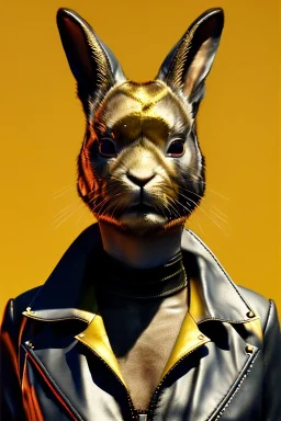 Medium Close Up Portrait, Front image. cyberpunk, rabbit mask, sweet woman, gold hair. Leather, feather suit. Yellow, red, color. Versace style. Color background, photo studio. Avatar image, highly detailed, concept art, smooth, unreal engine 5, ray tracing, RTX, lumen lighting, ultra detail, volumetric lighting, 3d, finely drawn, high definition, high resolution.