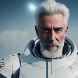 handsome cosmic man, white hair in the wind, blue eyes, white beard, no moustache, large forehead, scifi suit, perfect composition, super detailed, 8k, high quality, intricate details, highly detailed, lights in background, octane render