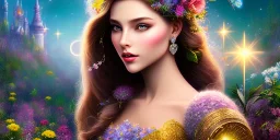 bright fairy, beautiful portrait, flowery landscape