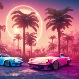 1980's aesthetic vaporwave palm trees and spheres and neon Porsche