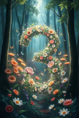 The number three in flowers. In the forest. Magical. Highly detailed, digital painting, masterpiece.
