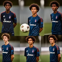 85mm DSLR color photography of a very detailed headshot fitting all of head and hair in frame. 18-year-old French soccer player, and with no facial hair and has no facial hair, has short length straight black hair with a small smile, grey background