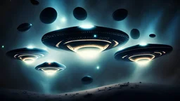 a group of flying saucers in the middle of dark outer space