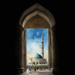 Big person zoom in like the Prophet Muhammad see the jamkaran mosque in Iran has more blue green color and gold for pattern islamic in the dome . one big domes with beautiful lighting . white Daffodil flower in the floor , clouds with small birds in sky with crescent moon of ramdan . painting watercolor ,simple and islamic style , Painting watercolor ,people in the pictuer