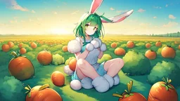 Girl, green hair,rabbit paws in hand, farm, sit, rabbit paws in feet, blushed, eat a carrot