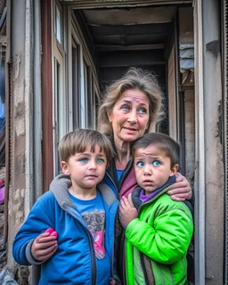 a poor worried mother with children taking shelter under damaged building in war torn city of Ukraine