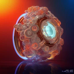 Ring made by wood roots and shreds of glass, orange diamonds sparkles, red rubi fragments around, blue lights reflexes, complex structure, gold details, intricate ring pattern,Unreal Engine 5, lens macro,sharp focus, realistic, hyper detailed, studio lighting, neon light ambient, cinematic