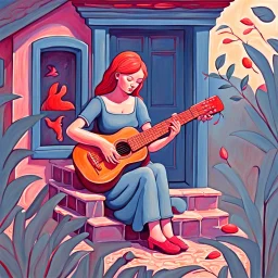 a painting of a house with a woman playing a guitar, a storybook illustration by Endre Bálint, behance contest winner, magic realism, storybook illustration, whimsical, detailed painting