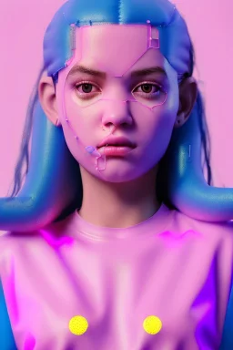 Ultra Realistic image, Rosalía artist, casual portrait, normal complexion, portrait, two bows, little chopsticks hair , black eye long line, sweet face, t-shirt with holes, inflatable open coat, gold pink and blue style, spray line glow, big geometric led jewelry, fog, hot, inflatable style latex coat, vibrant color, highly detailed, art stations, concept art, smooth, unreal engine 5, god rays, ray tracing, RTX, lumen lighting, ultra detail, volumetric lighting, 3d, finely drawn, high definitio