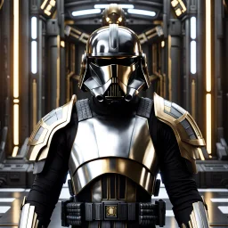 star wars bald male corellian pilot wearing pearlescent black and gunmetal grey First Order special forces heavy assault armor and helmet with gold trim inside the jedi temple, centered portrait, hyperdetailed, dynamic lighting, hyperdetailed background, 8k resolution, volumetric lighting, light skin, fully symmetric details