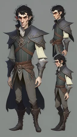 turnaround character of a man elf, he has curly, black hair and sharp cheekbones. His eyes are black. pale skin. He wears fantasy medieval clothes. full body with boots