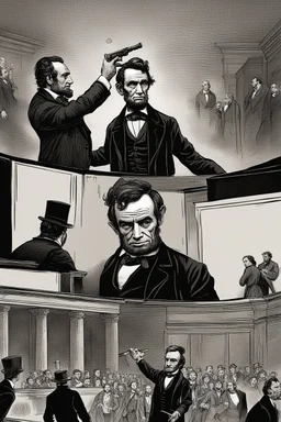 Create a powerful visual representation of the moment Booth fires a single shot into the back of Abraham Lincoln's head. Convey the shock and chaos among the audience as the gunshot reverberates through the theater