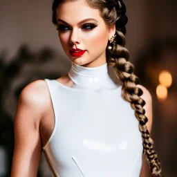 beautiful young queen with white latex bodysuit, intricate details, full body portrait, delicate white braided hair with ponytail, glass eyes, highly detailed, 8k, ambient light, taylor swift, keep head in frame