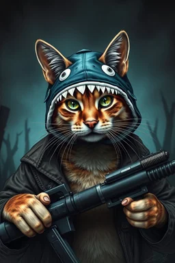 cat with shark mask hat solana fightin in the trenches in the style of banksy