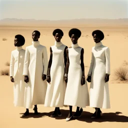 modern art ,In the style of William Klein, extremely thin and malnourished black African people wearing white collar dress in an arid desert landscape, color photography captured in the style of dslr camera. --ar 62:85 --v 6. 0