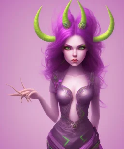 cute purple haired devil girl with bright green eyes and 2 black horns on her head wearing a purple/pink dress