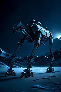 a sleek mechanical walker with eight legs scaling a very steep snow covered side of mout everest at night, it has a smooth surface, it has storage pods on its belly and humans can fit in the pods