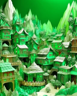 A green mechanical village with crystals designed in Chinese paper art painted by Gustave Courbet