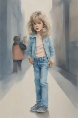 Illustration of actress farrah Fawcett as a toddler, in the metro, jeans, style of Marcel Marlier, pastel colors