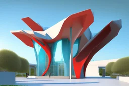 3D representation of architectural wonder, with a concrete design and matte reddish glass that contrasts with the light blue sky, emphasizing organic movement. Its design represents an ant with a bulbous tail and membrane wings with solar panels, its tail is made of concrete and glass. It stands out from pedestrians, creating a sense of scale. In open space, its use is a public place and as a great viewpoint in the mountains Combination of practicality and artistic expression in architecture