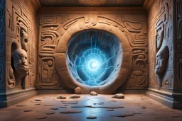 photorealistic "dimensional portal made of subatomic particles" in a gigantic Neanderthal jeweled palace hyeroglyphs on the walls, thunderbolt storm, many strange prehistoric lifeforms praying