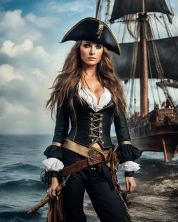 A length image fullbody photography realistic natural beauty color beautiful russia super model woman in a luxury black jack Sparrow pirates uniform,sweet pose,sail ship pirate background