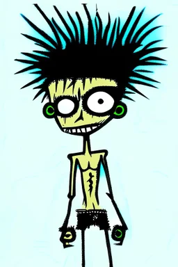 2d drawing of a stickman, cool with punk hair, x eyes like in hangman, no shirt, swim pants, 3d realistic in colour