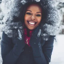 Image of a black woman with symetrical facial features, perfect smile, and brown coily hair in winter wonderland