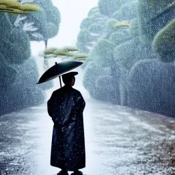 A man in old Japanese clothes is standing in nature while it is raining. It is winter. high quality , high details , dream style , magic style ,