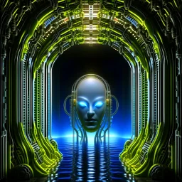 portrait of transparent chat robot in the style of giger, in front of teleporter portal to the sea in an underground grove, in the style of dali, 8k, down-light, soft light, depth of field, photo realism, trending on art station, high detail