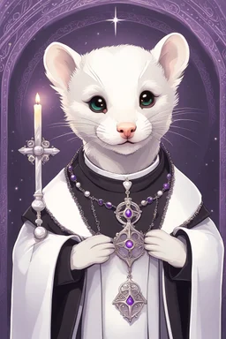 (anthropomorphic white ferret),dressed in ((cleric fantasy)) black clothes with silver holy ornaments, realistic anatomy, posing, cute face, fantasy inspire, fantasy church on background with warm sunshine lighty from behind, gloomy atmosphere, (((high angle shot))), purple armband, The holy icon style, RTX, praying, close eyes